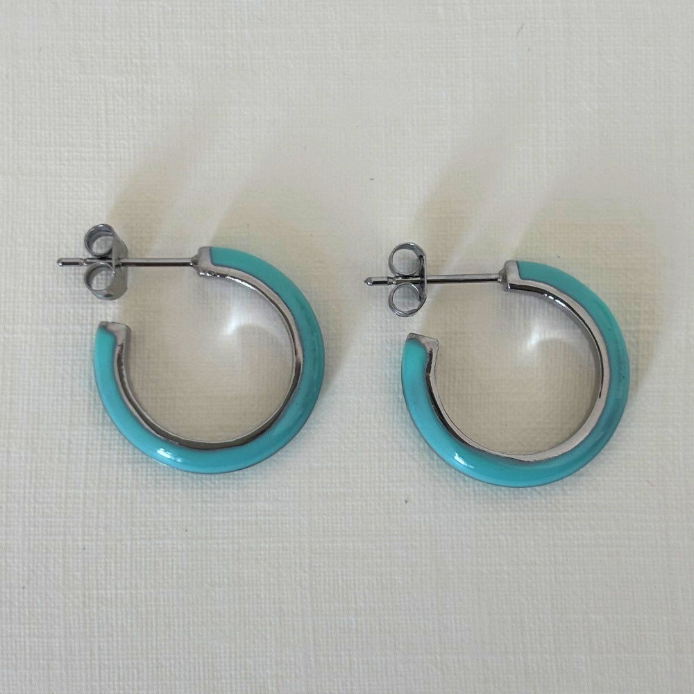 Sample Sale Silver Turquoise Enamel Hoops (Waterproof)