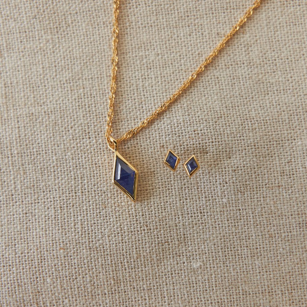 Gold Ethereal Blue Sapphire September Birthstone Stud Earrings