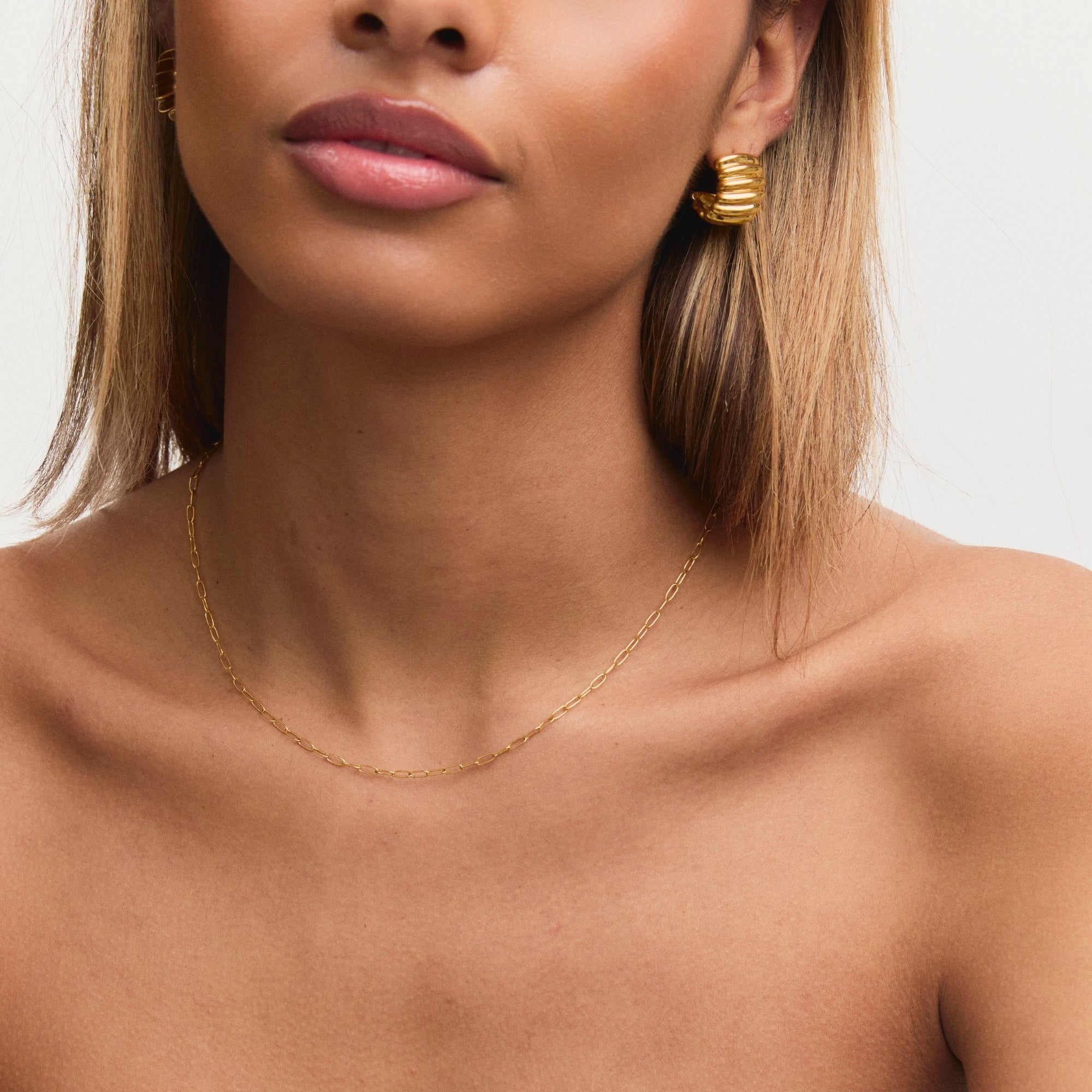 Gold Mini Paperclip Necklace on model