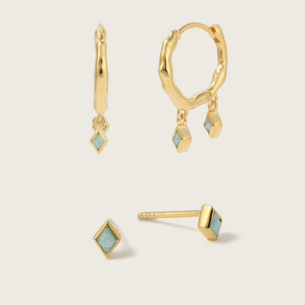 Gold Ethereal Amazonite Double Charm Huggies and Mini Studs Stacking Set