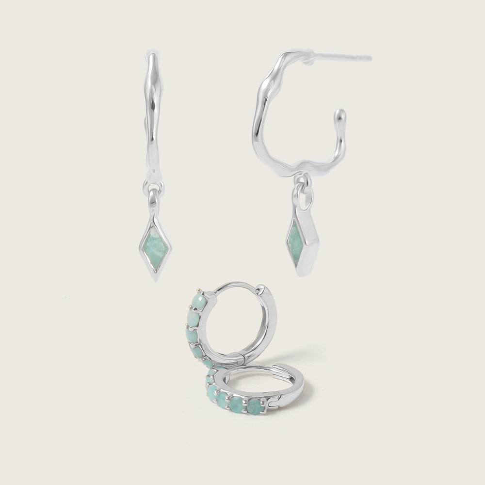 Silver Ethereal Amazonite Charm Hoops and Huggies Stacking Set