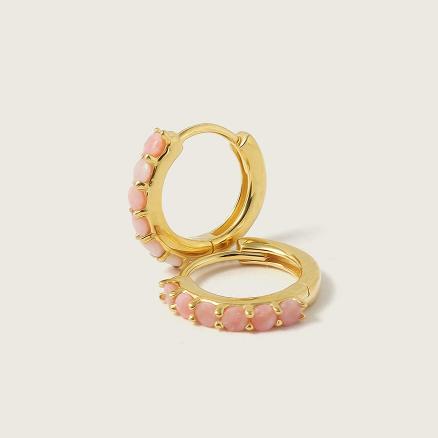 Gold Pink Opal Gemstone Huggie Earrings