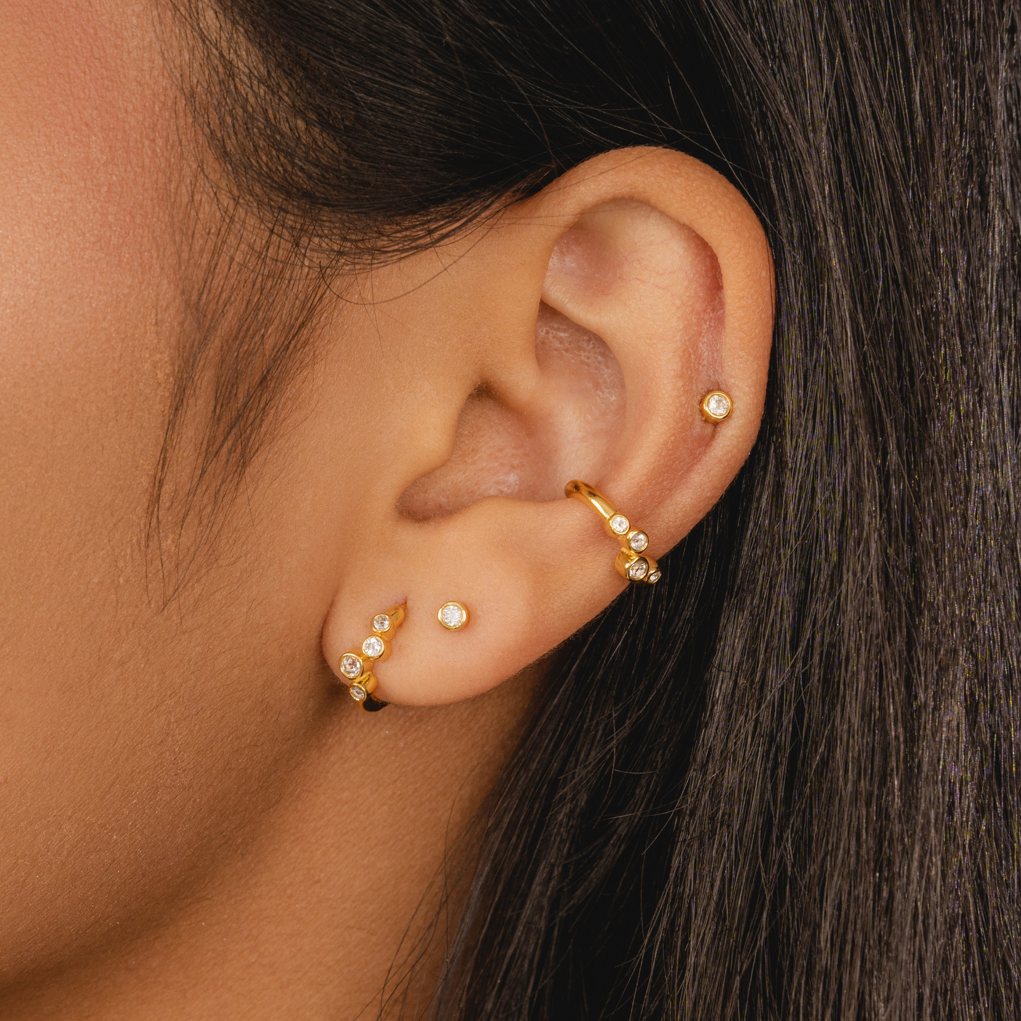 Gold White Topaz Round Stud Earrings
