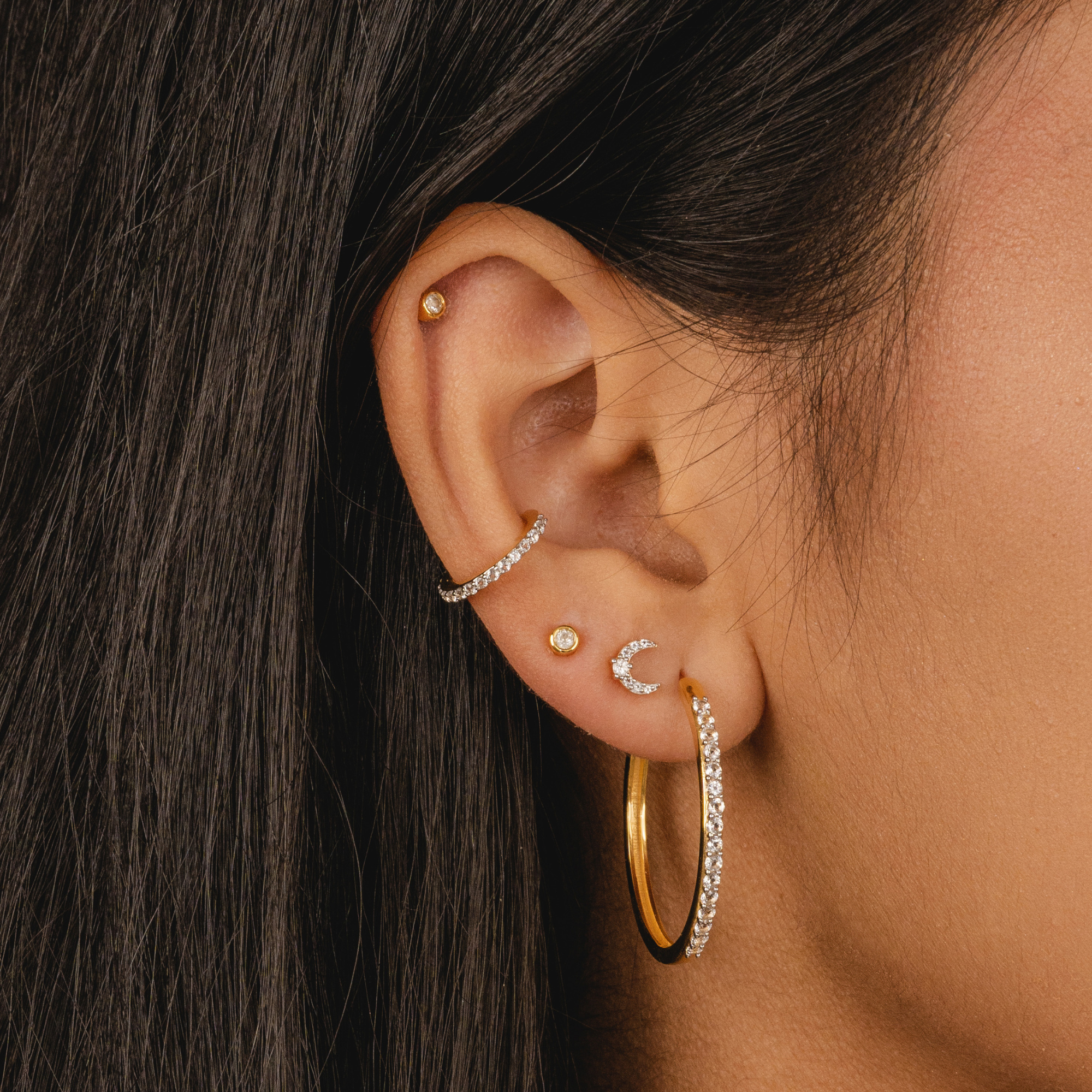 Gold White Topaz Crescent Moon Stud Earrings