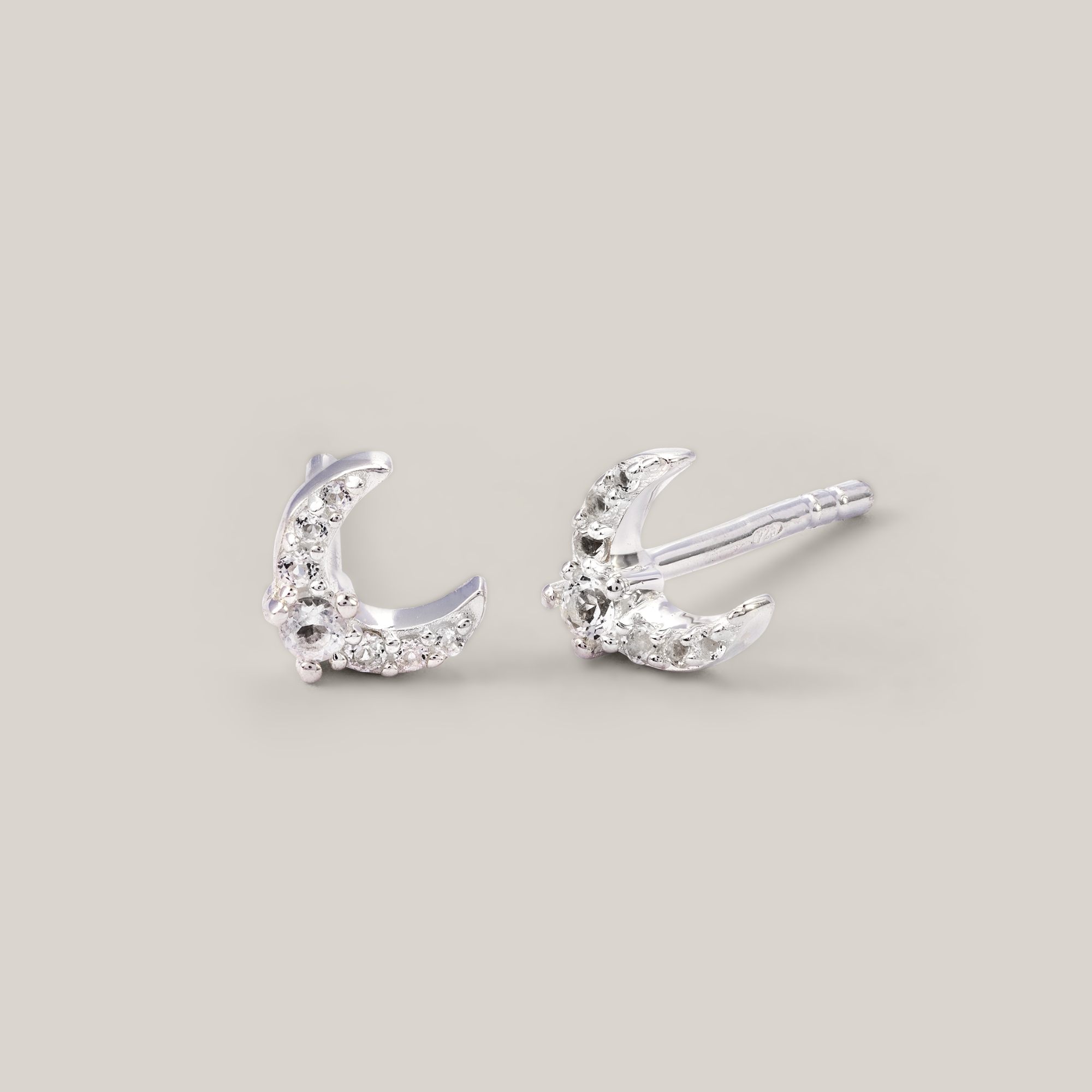 Silver White Topaz Crescent Moon Stud Earrings