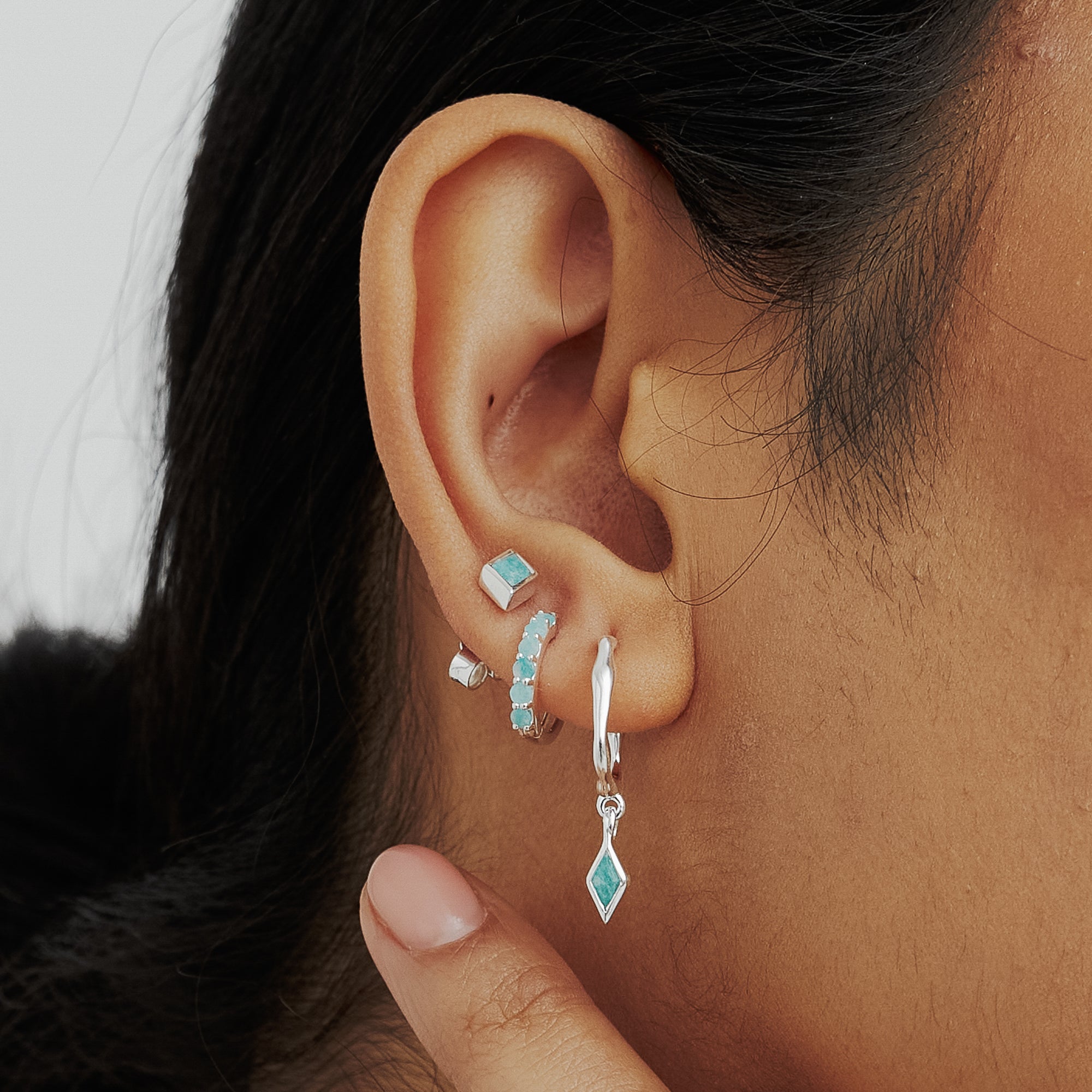 Silver Amazonite Gemstone Huggie Earrings