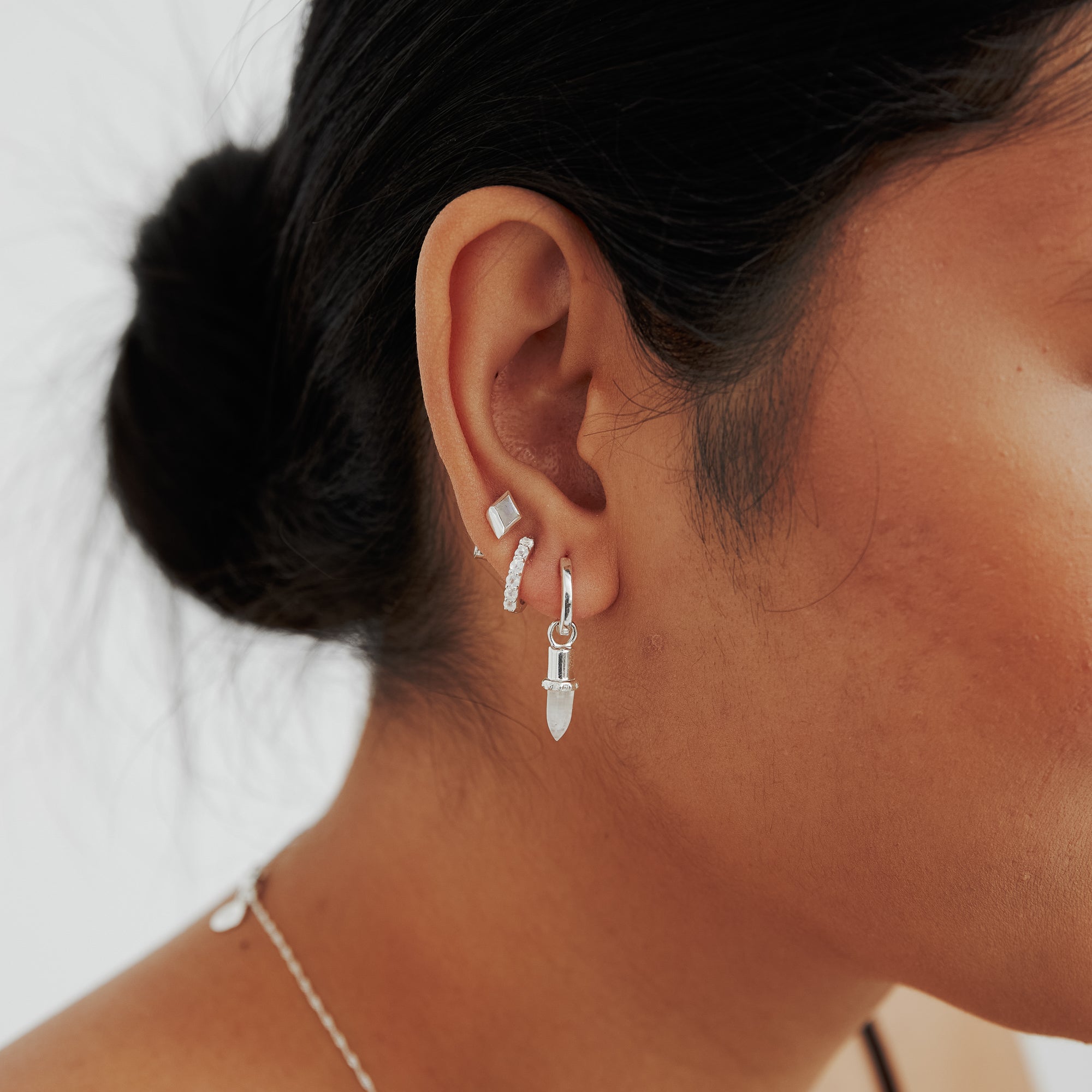 Silver Moonstone Gemstone Huggie Earrings